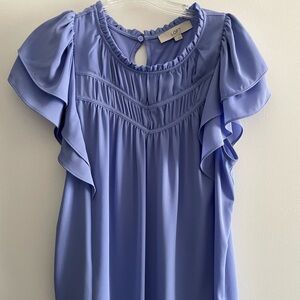 LOFT periwinkle flutter sleeve mixed media top - size Large